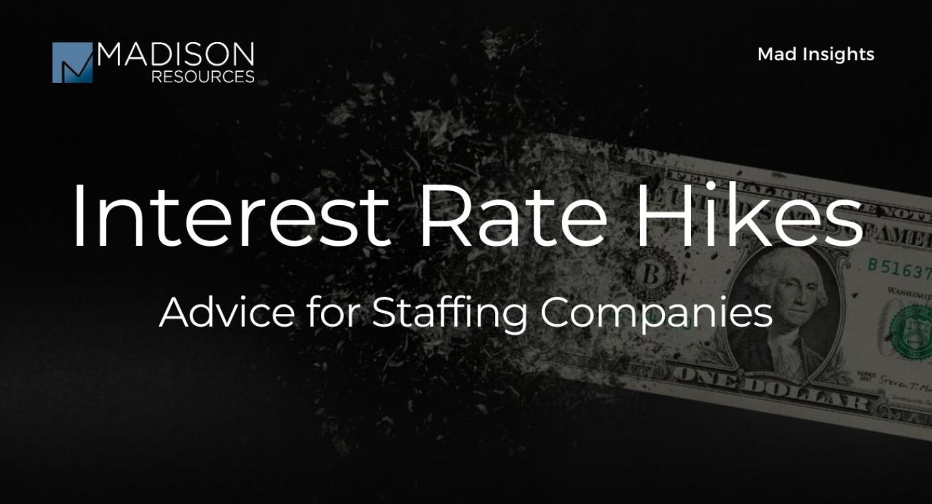 Illustration depicting a line graph showing rising interest rates. Text overlay reads 'Impact of Rising Interest Rates on Staffing Companies'. Graph represents the challenges faced by staffing firms amidst inflation and interest rate hikes, highlighting the need for strategic responses and adaptation to contract placements.