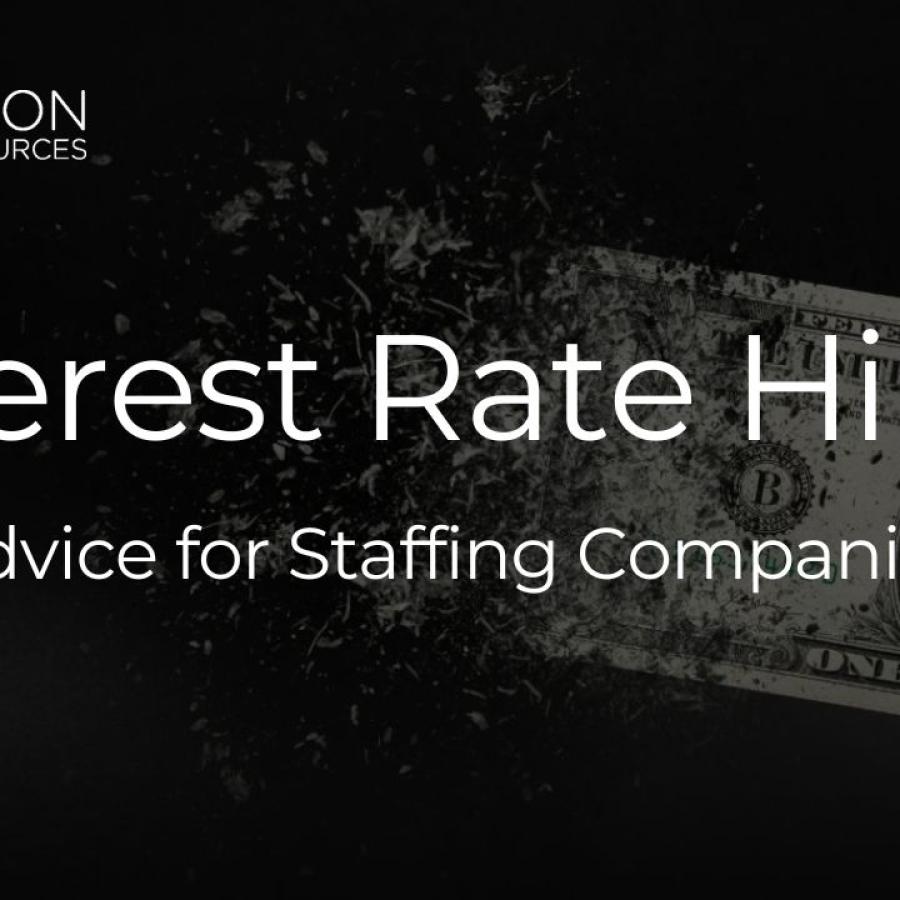 Illustration depicting a line graph showing rising interest rates. Text overlay reads 'Impact of Rising Interest Rates on Staffing Companies'. Graph represents the challenges faced by staffing firms amidst inflation and interest rate hikes, highlighting the need for strategic responses and adaptation to contract placements.