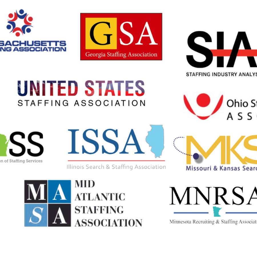 logos for American Staffing Association,  Alabama Staffing Association, Colorado Staffing Association, Georgia Staffing Association, Massachusetts Staffing Association,  Mid-Atlantic staffing Association,  Minnesota Recruiting and Staffing Association,  Missouri & Kansas Search and Staffing Association, New York Staffing Association, Staffing Industry Analyst, Ohio Staffing and Search Association, United States Staffing Association, Society of Human Resources Management   
