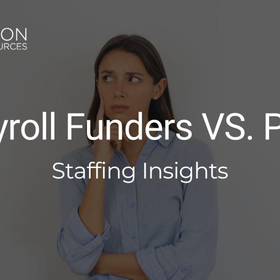 A female staffing owner looking at the difference between a payroll funder and PEO