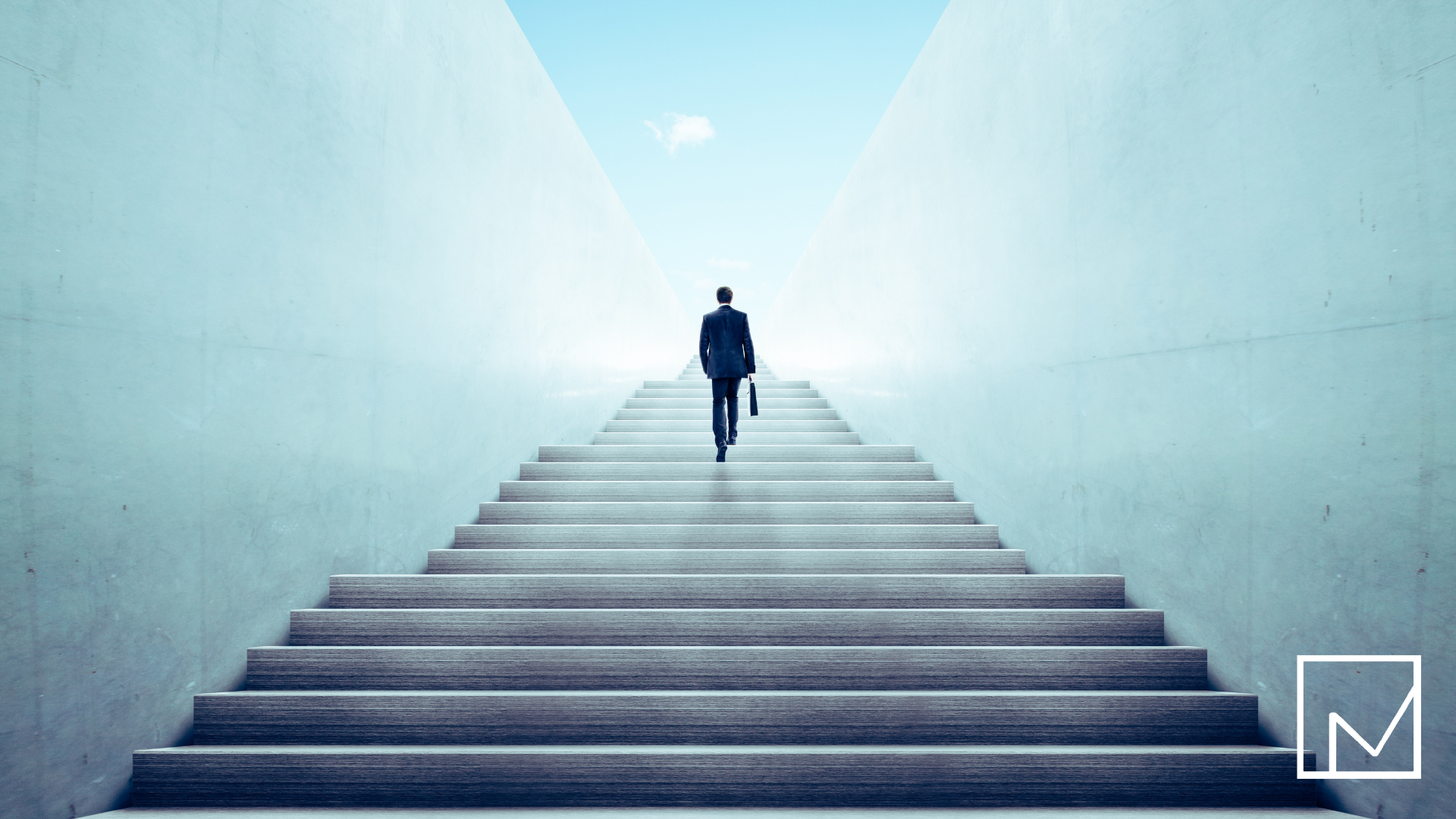 A distant man climbing a long staircase ascending into the sky toward a glowing light, symbolizing growth, ambition, and reaching new heights.