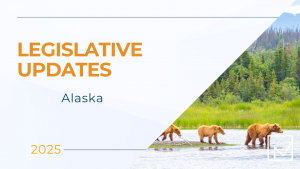 Legislative updates template featuring the word 'Legislative Updates' with 'Alaska' written below in the center, the year displayed in the bottom left corner, and a diagonal photo of bears in Alaska on the right side.