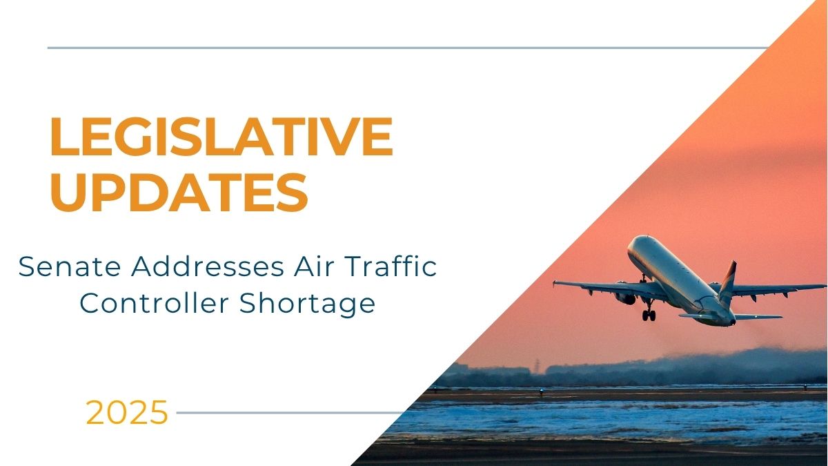 Airplane taking off representing Senate discussion on air traffic controller shortage and 2025 legislative updates affecting workforce and staffing industries.