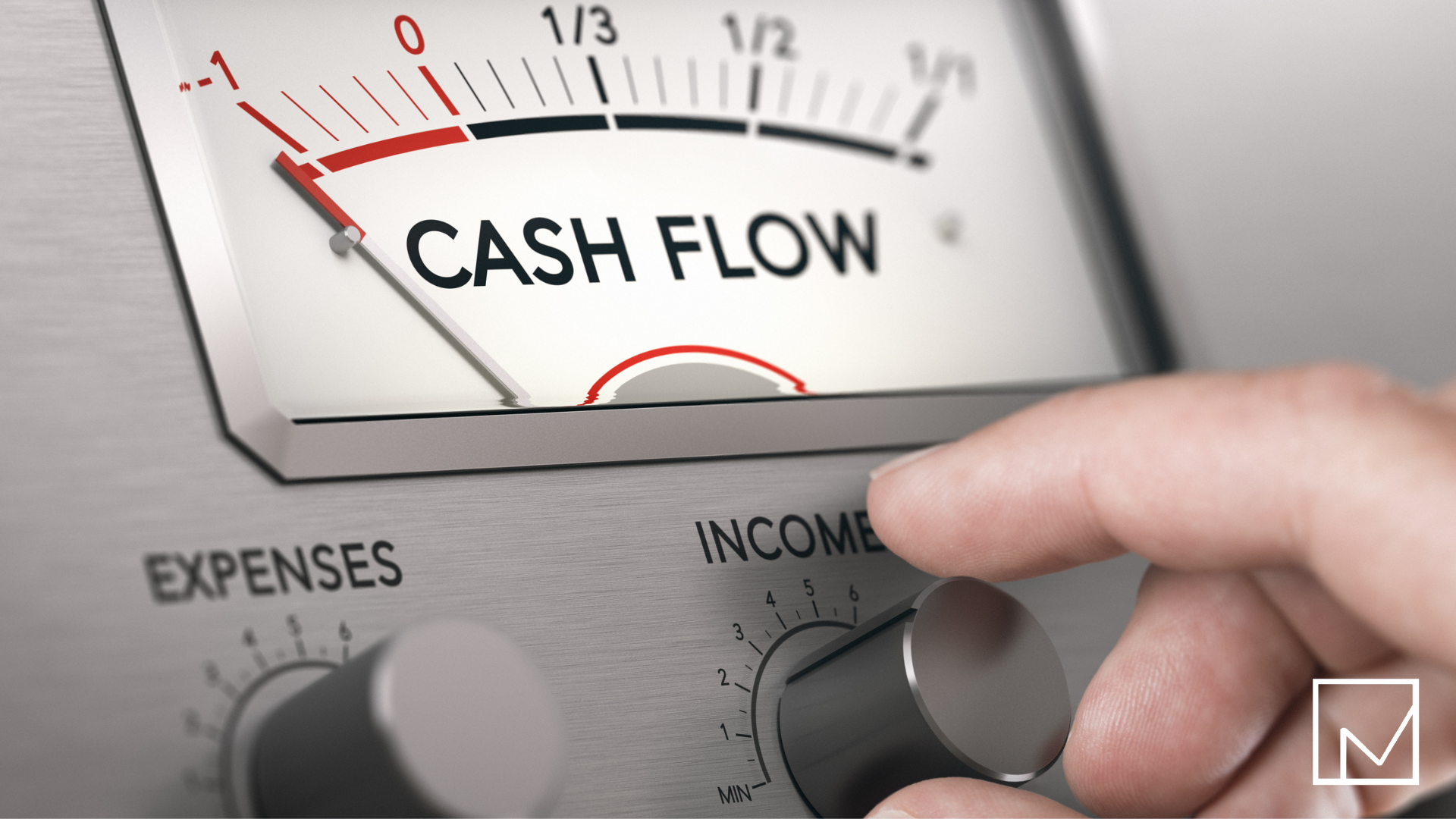 Cash flow meter on empty with expense and income knobs, symbolizing the importance of managing accounts receivable for staffing firms.