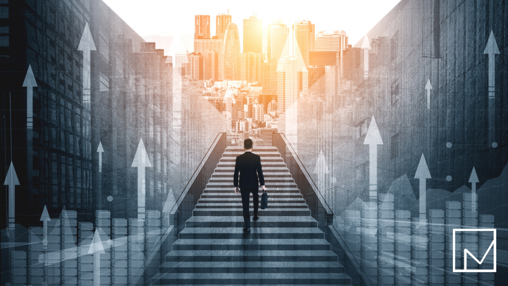 Man walking up stairs toward a bright sky, symbolizing the upward path of growth and progress staffing companies can achieve by prioritizing strategic investments.