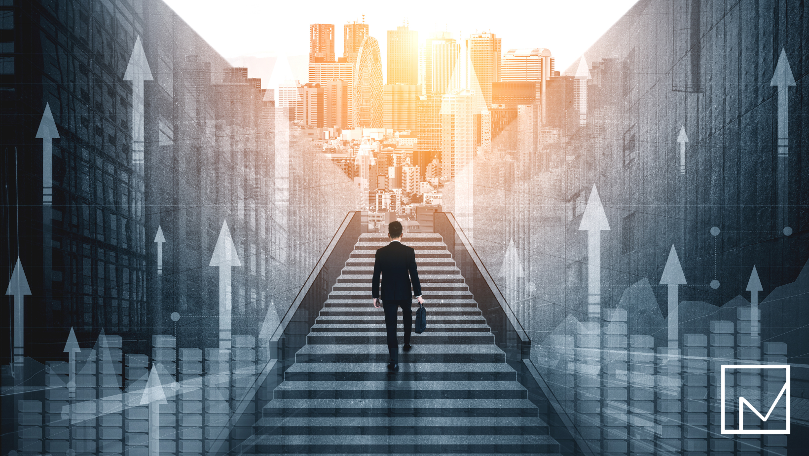 Man walking up stairs toward a bright sky, symbolizing the upward path of growth and progress staffing companies can achieve by prioritizing strategic investments.