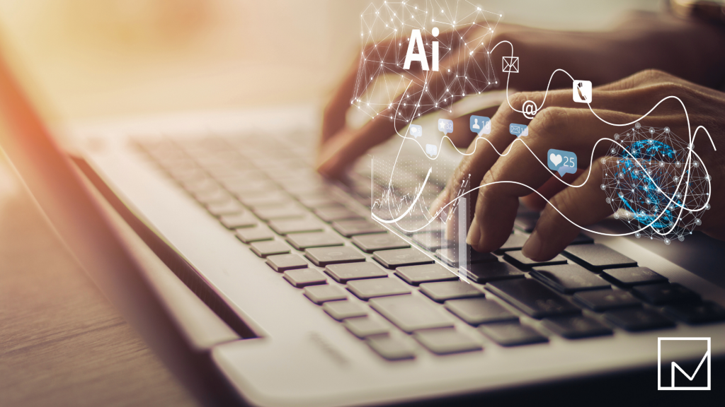 Person typing on a laptop with floating tech and AI symbols above, representing innovation and the competitive IT staffing market.