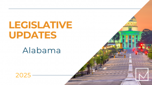 Legislative update graphic with text 'Alabama' over a photo of the Alabama State Capitol building in Montgomery