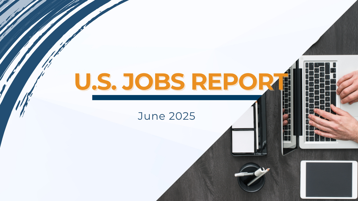 U.S. Jobs Report June 2025 graphic with laptop and workspace setup, representing employment trends and staffing industry insights.