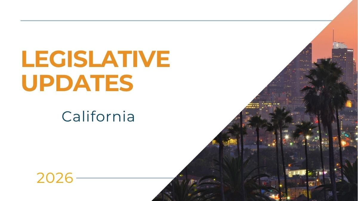 California skyline with text overlay representing 2026 employment law updates affecting payroll, compliance, and staffing firms.