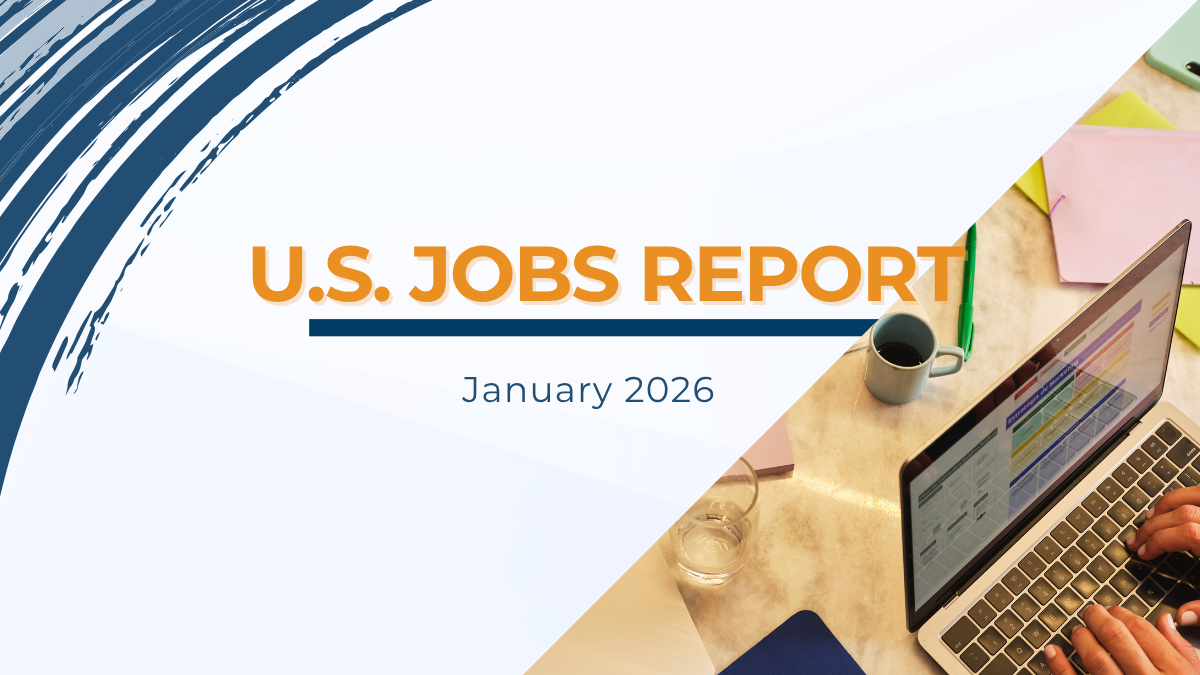 U.S. Jobs Report January 2026 graphic with laptop, coffee, and workspace, representing employment trends and staffing industry insights.