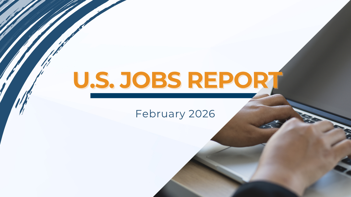 U.S. Jobs Report February 2026 graphic with laptop and analytics, representing employment trends and staffing industry insights.