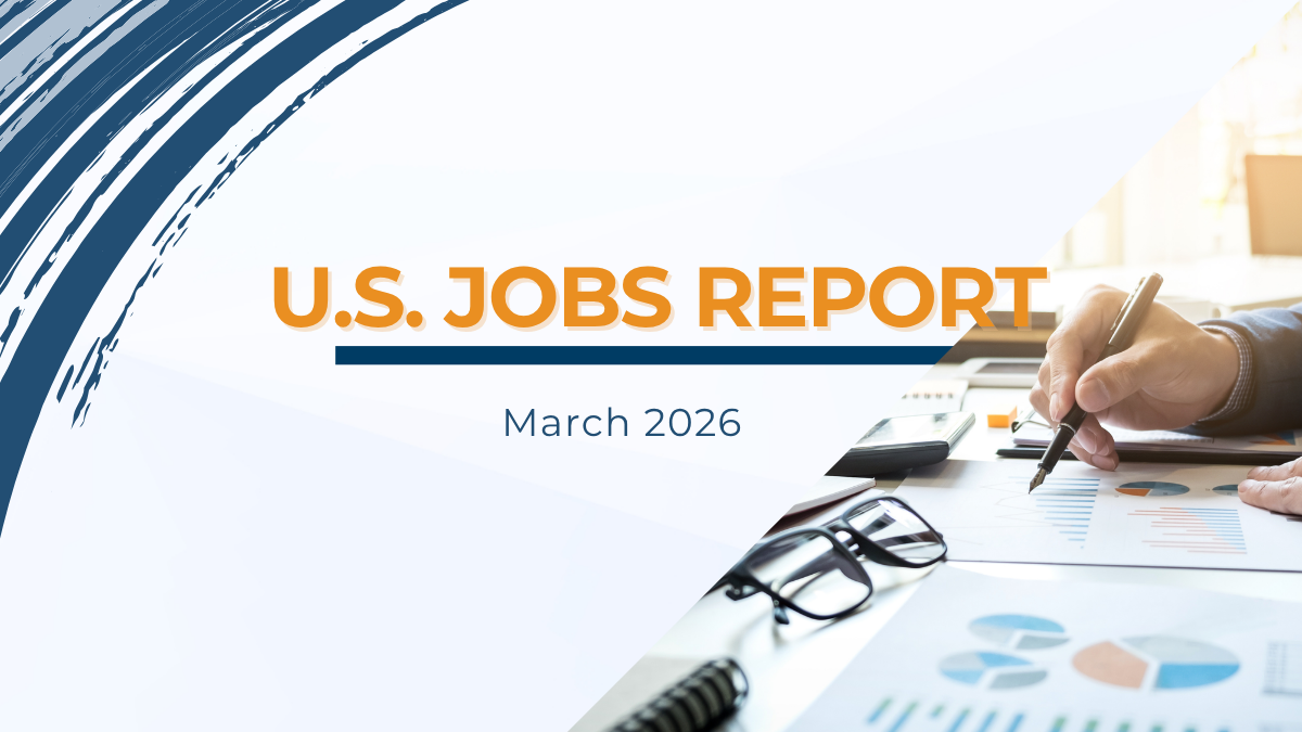 U.S. Jobs Report March 2026 graphic with business charts and analytics, representing employment trends and staffing industry insights.