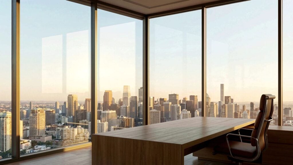 Modern executive office overlooking a city skyline representing payroll funding and scalable business solutions for enterprise staffing firms.
