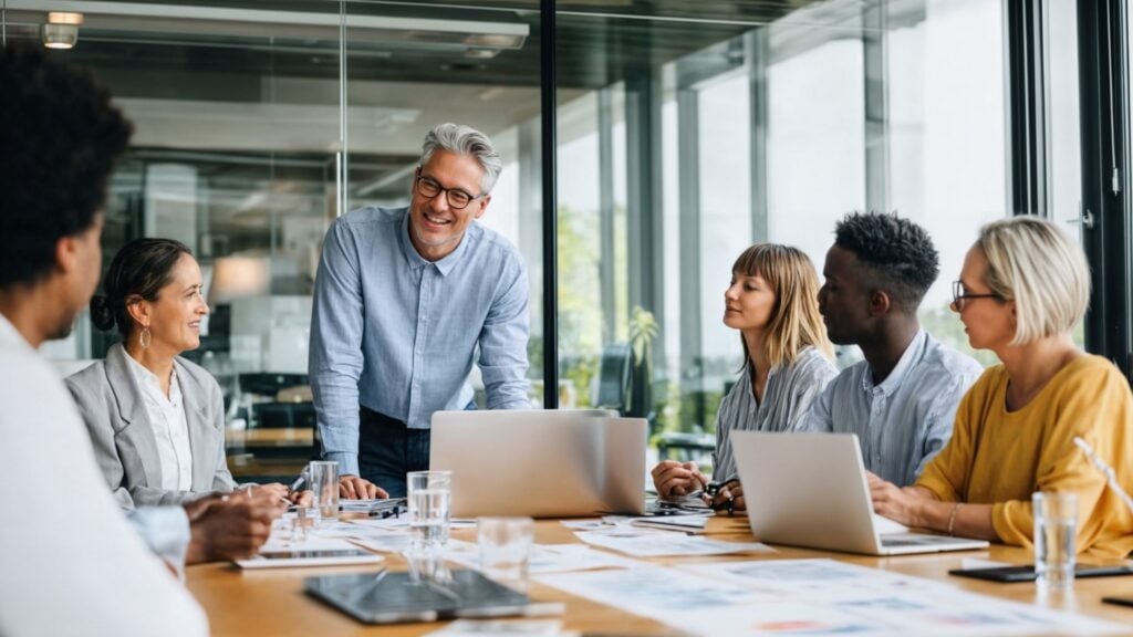 Business professionals meeting in a modern office discussing staffing agency payroll funding solutions and growth strategies for staffing firms at every stage.