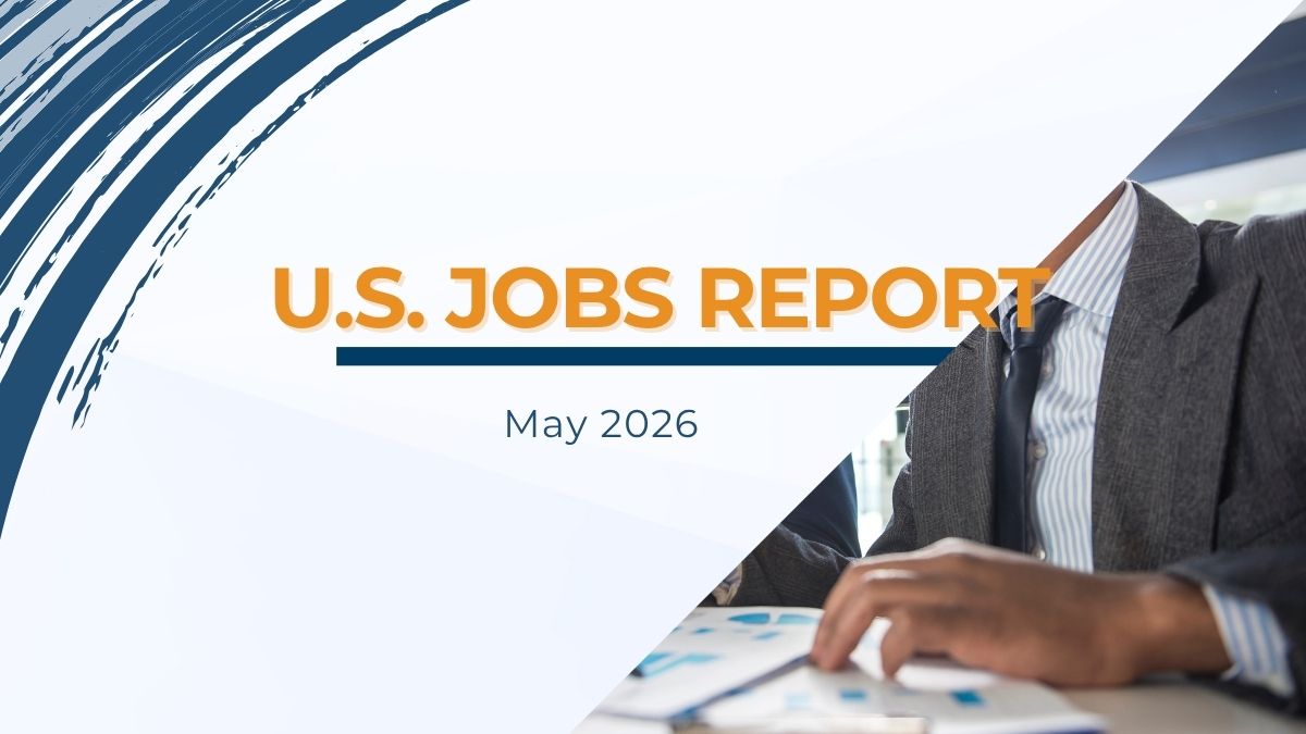May 2026 Jobs Report for Staffing Firms featuring a business professional reviewing financial charts and labor market data, highlighting employment trends, hiring activity, and workforce insights.