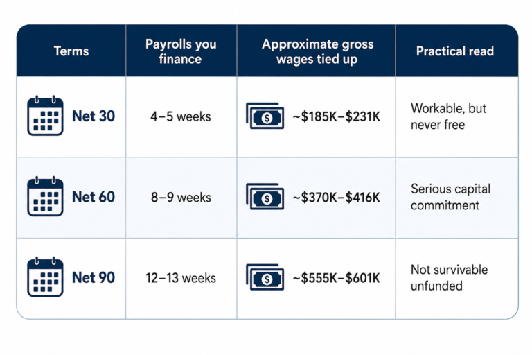 A table comparing payment terms: Net 30 row shows 4–5 week payroll, about 5K–1K tied up, with note 'Workable, but never free'.