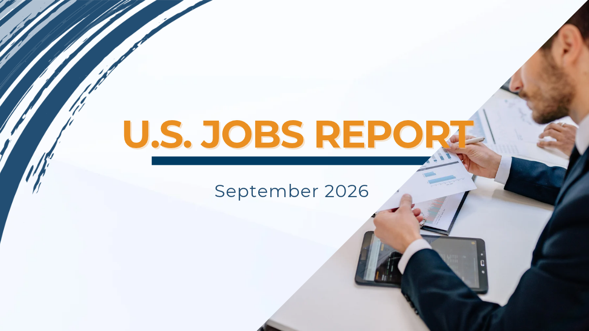 September 2026 jobs report graphic for staffing firms with a professional reviewing employment charts.